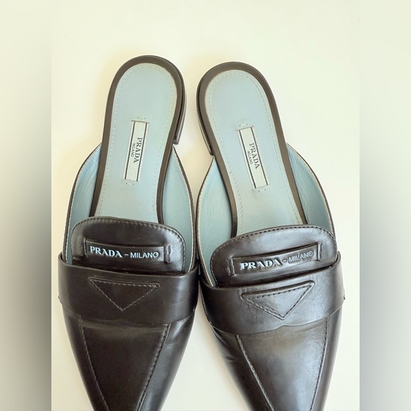 Prada Black leather triangle logo slip on slide loafer mules EU 39 - Picture 11 of 11